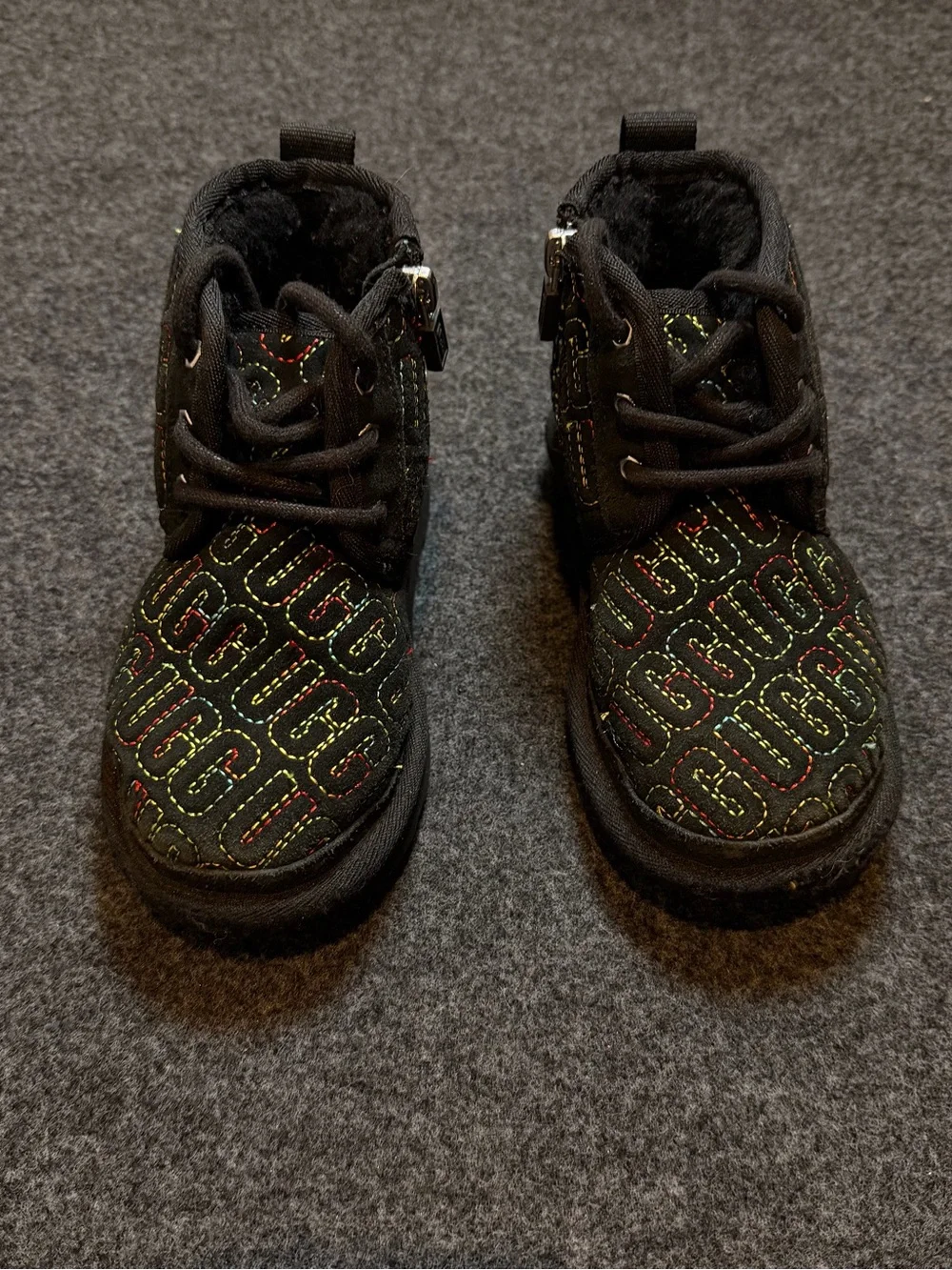 UGG Black Kids Quilted Logo Boots with Multicolor Stitching
